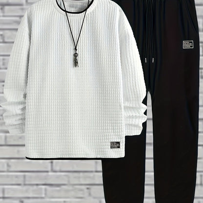 Herren Freizeitanzug Weiß Schwarz Langarm Shirt & Jogginghose Gesteppt