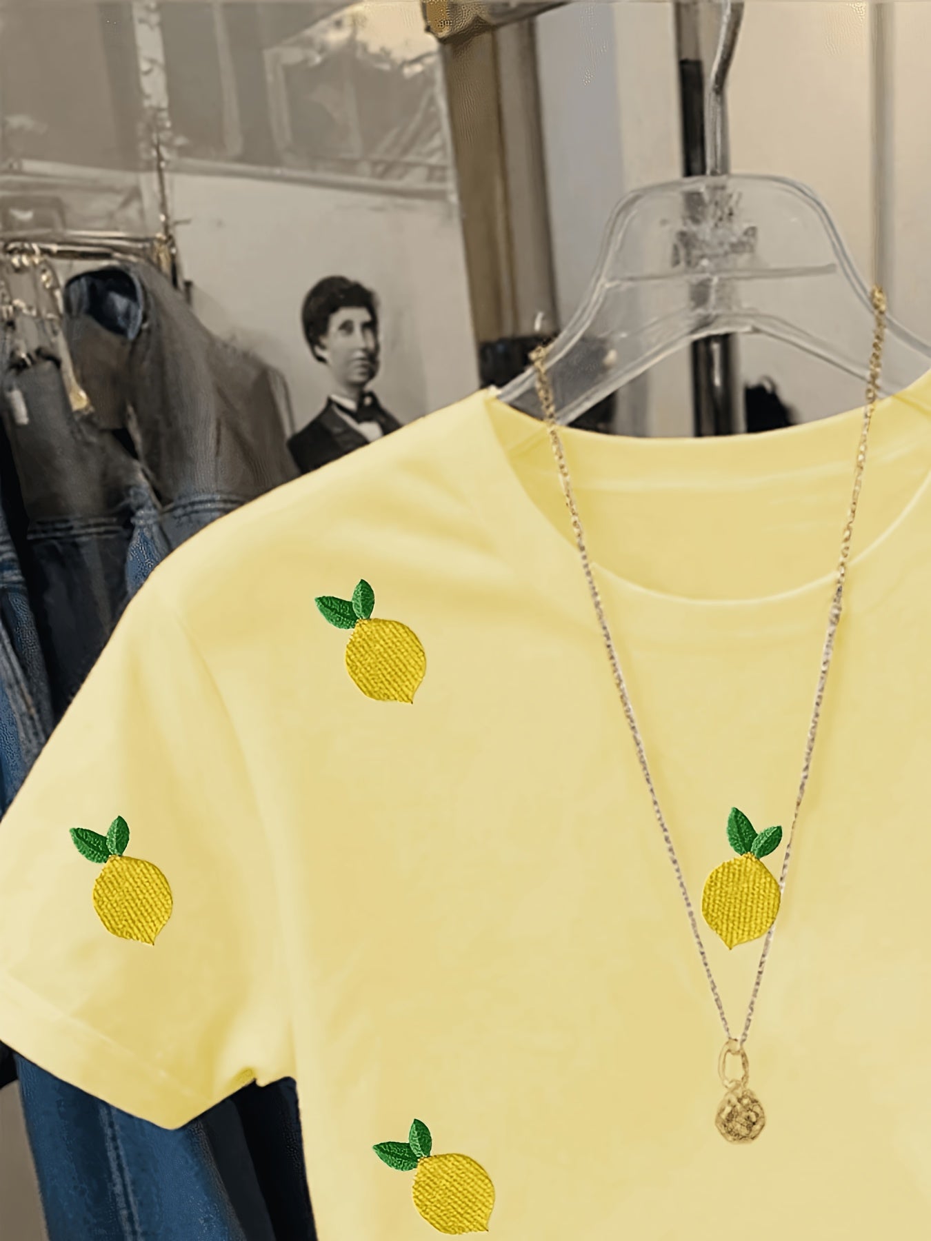 T-shirt femme avec broderie de citrons et imprimé moderne – Style décontracté, idéal pour le quotidien