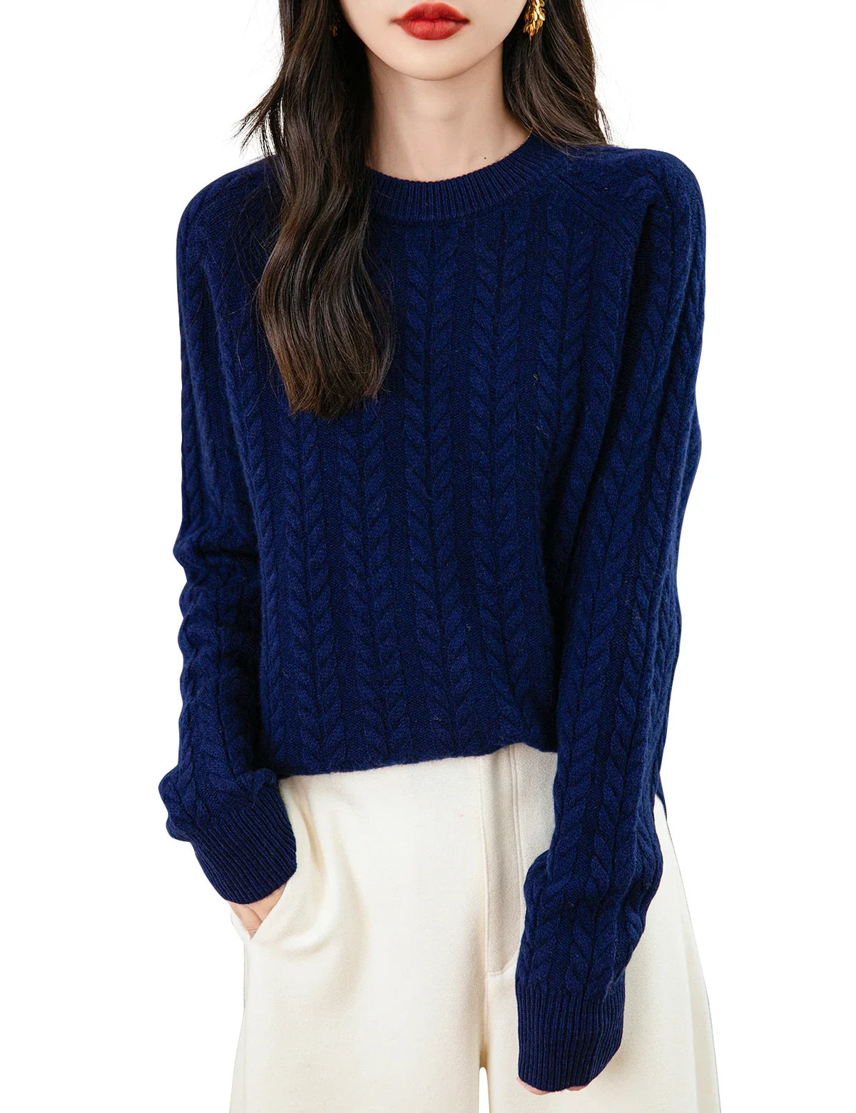 Maglione da donna con motivo a trecce, collo rotondo, maniche lunghe, lavorato a maglia