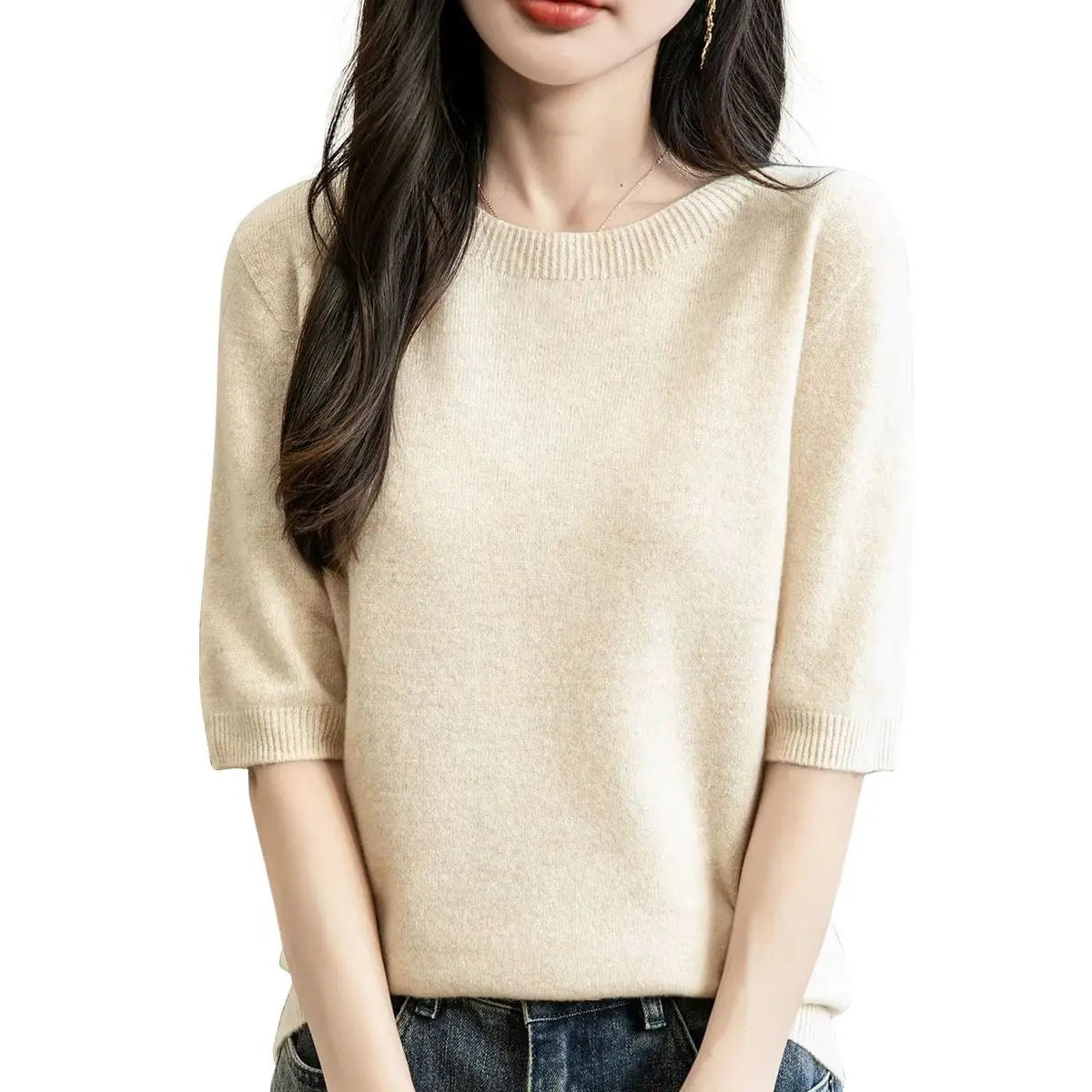 Pullover da donna a maniche corte in maglia con scollo rotondo, in vari colori