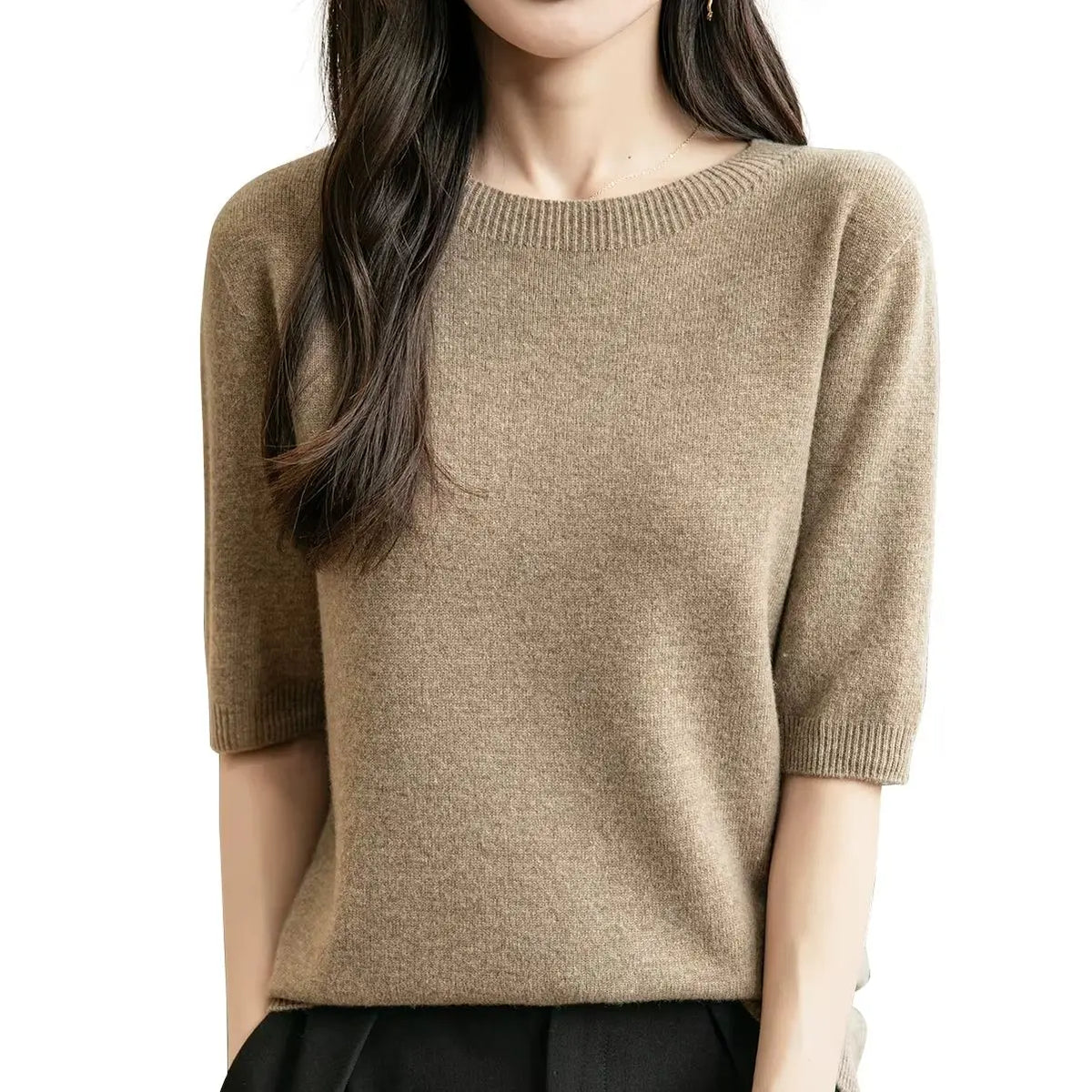 Pullover da donna a maniche corte in maglia con scollo rotondo, in vari colori