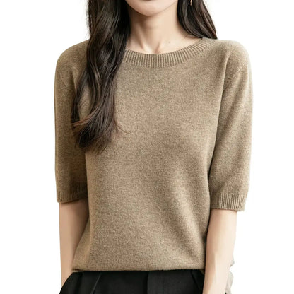 Pullover da donna a maniche corte in maglia con scollo rotondo, in vari colori
