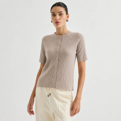 Gerippte Kurzarm Strickjacke für Damen mit Rundhals und Knopfleiste