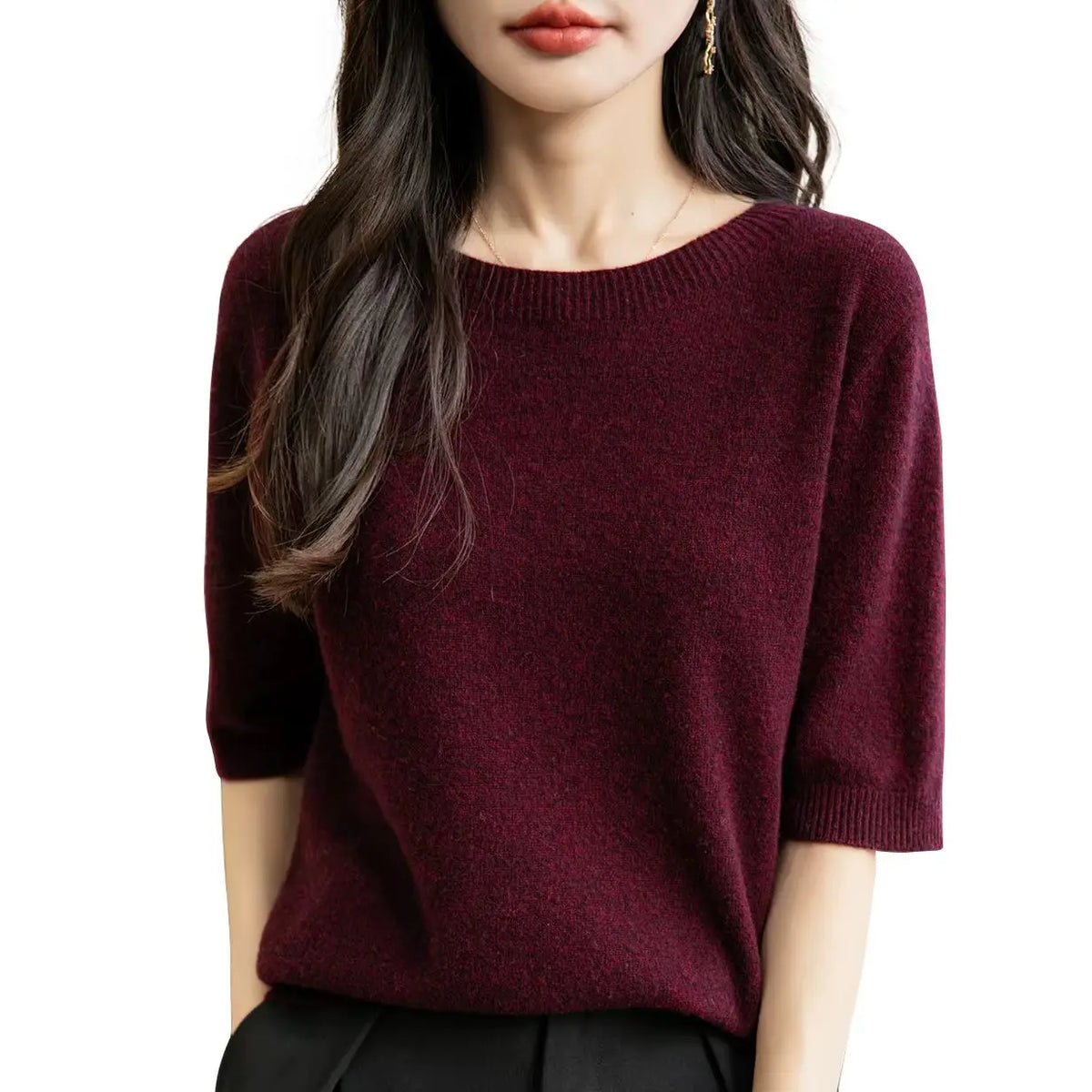 Pullover da donna a maniche corte in maglia con scollo rotondo, in vari colori
