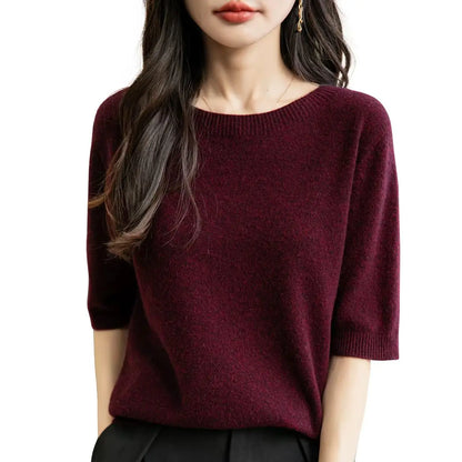 Pullover da donna a maniche corte in maglia con scollo rotondo, in vari colori