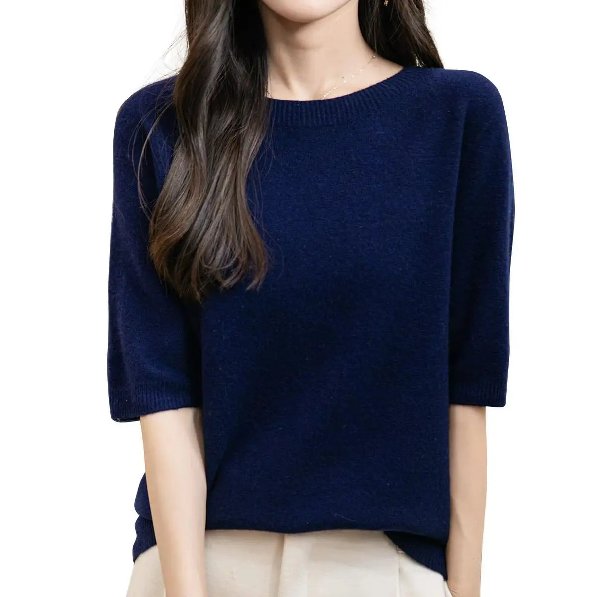 Pullover da donna a maniche corte in maglia con scollo rotondo, in vari colori