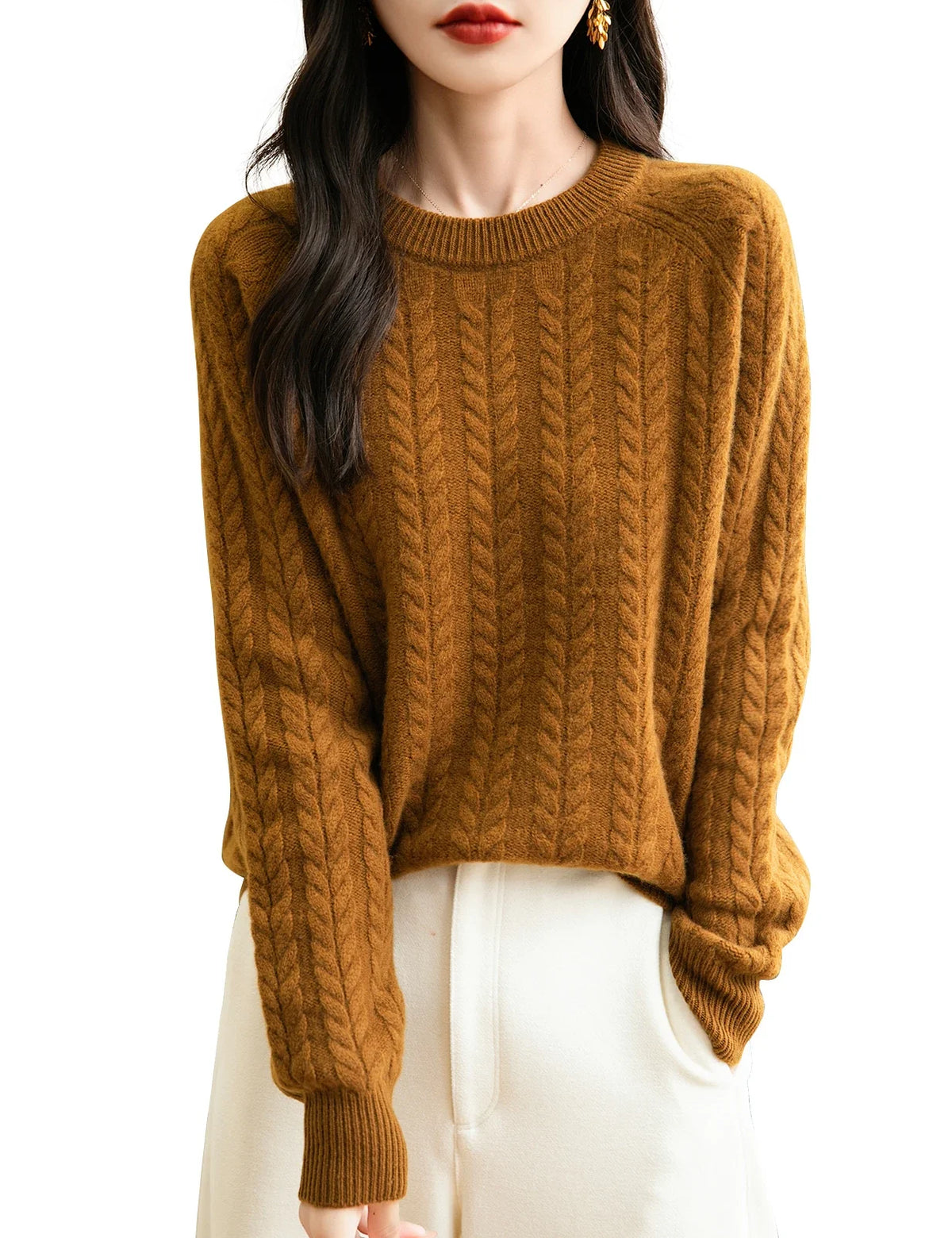 Maglione da donna con motivo a trecce, collo rotondo, maniche lunghe, lavorato a maglia