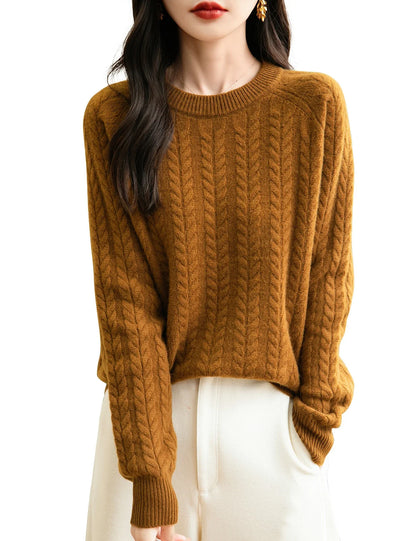 Maglione da donna con motivo a trecce, collo rotondo, maniche lunghe, lavorato a maglia