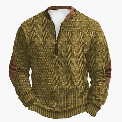 Herre striktrøje med halv lynlås – Moderigtig fritidstrøje i patchwork-look