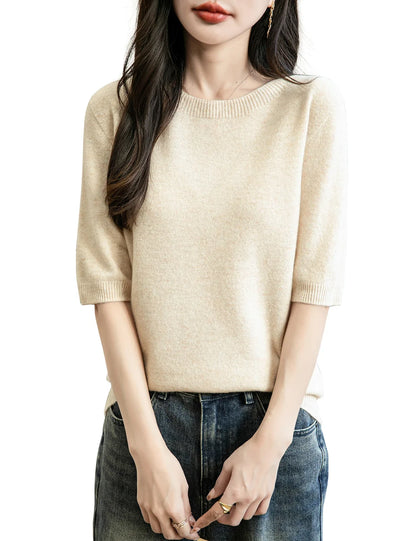 Pullover da donna a maniche corte in maglia con scollo rotondo, in vari colori