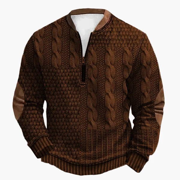 Herre striktrøje med halv lynlås – Moderigtig fritidstrøje i patchwork-look