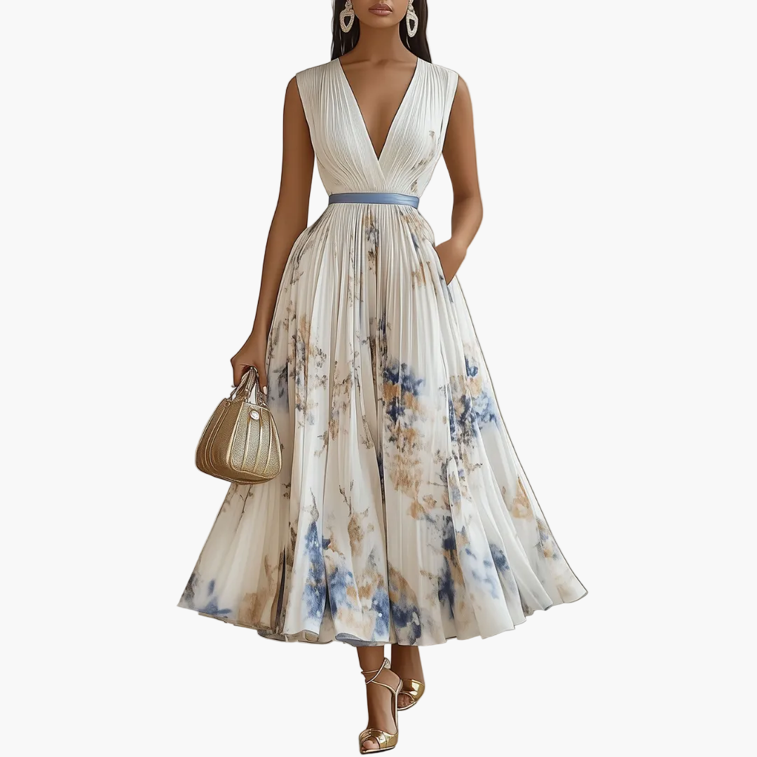 Damen Plissee Kleid Elegante Festmode mit Floralem Muster und Faltenrock – Perfekt für Hochzeiten, Galas & Feiern