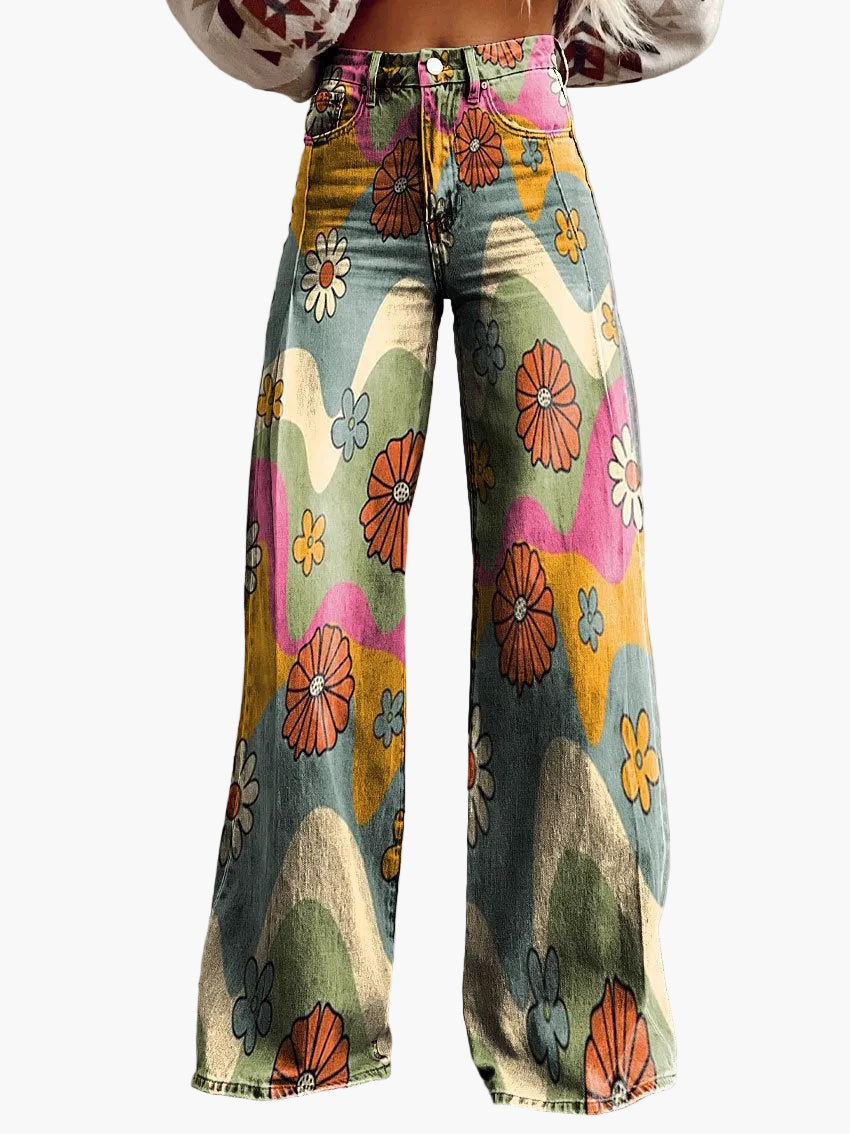 Jeans baggy larghi da donna con motivo floreale – Pantaloni casual alla moda per estate e tutti i giorni