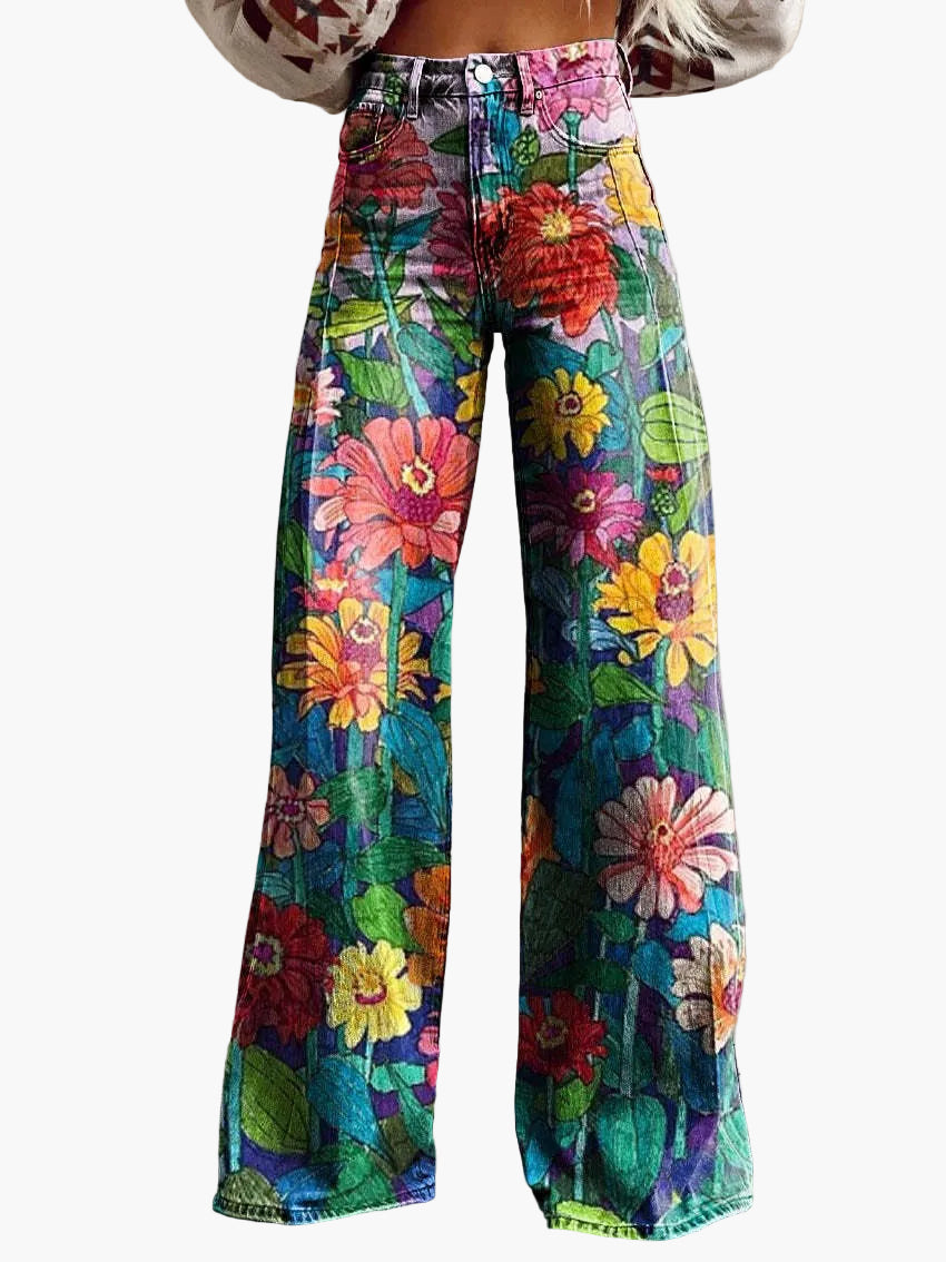 Jeans baggy larghi da donna con motivo floreale – Pantaloni casual alla moda per estate e tutti i giorni