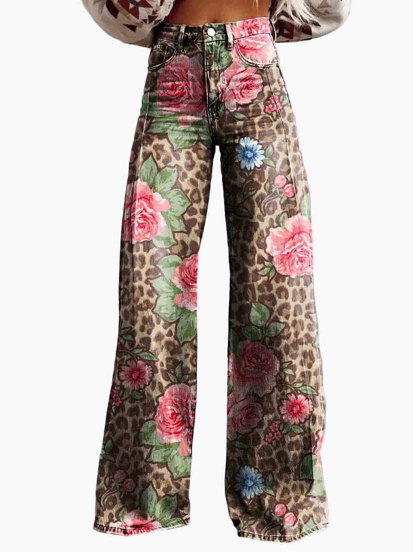 Jeans baggy larghi da donna con motivo floreale – Pantaloni casual alla moda per estate e tutti i giorni