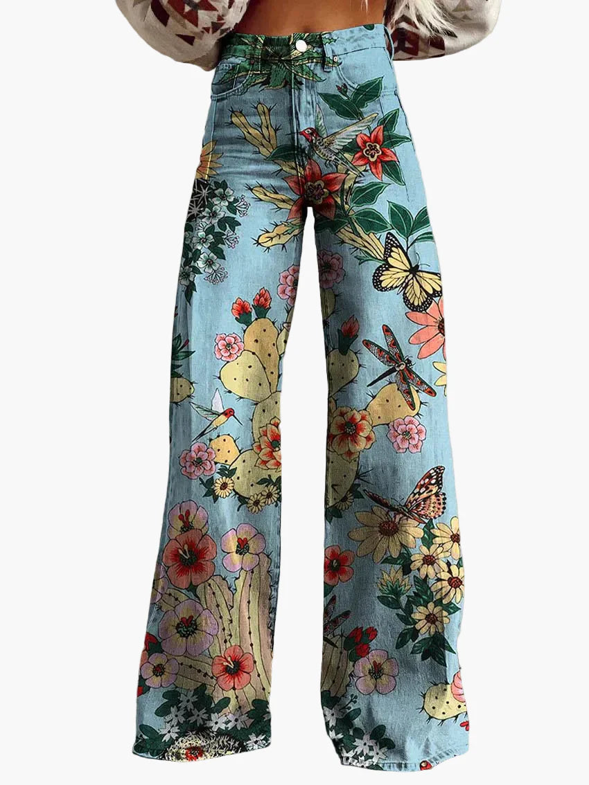 Jeans baggy larghi da donna con motivo floreale – Pantaloni casual alla moda per estate e tutti i giorni