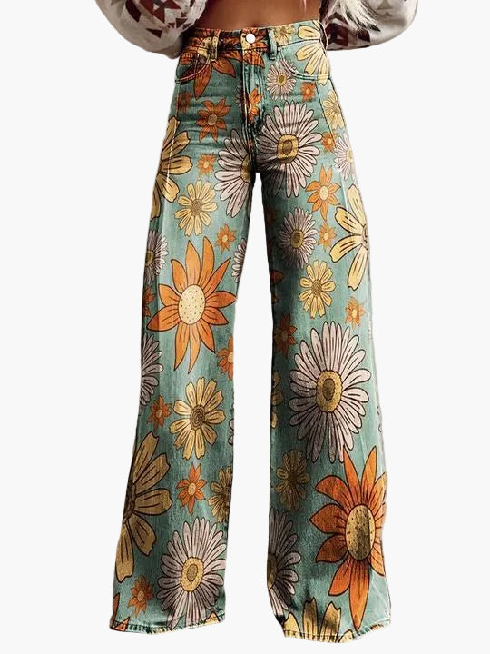 Jeans baggy larghi da donna con motivo floreale – Pantaloni casual alla moda per estate e tutti i giorni