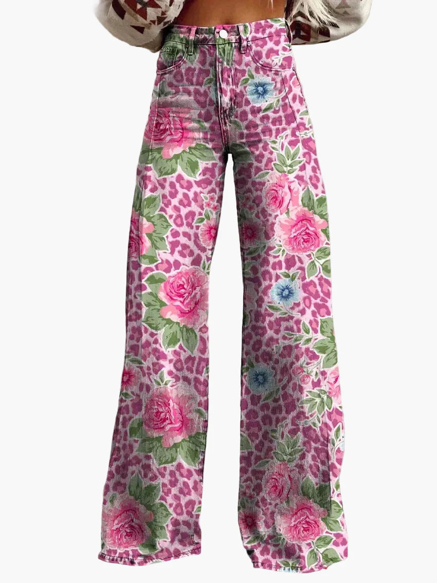 Jeans baggy larghi da donna con motivo floreale – Pantaloni casual alla moda per estate e tutti i giorni