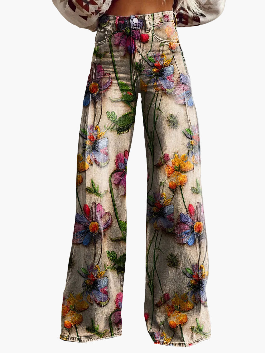 Jeans baggy larghi da donna con motivo floreale – Pantaloni casual alla moda per estate e tutti i giorni