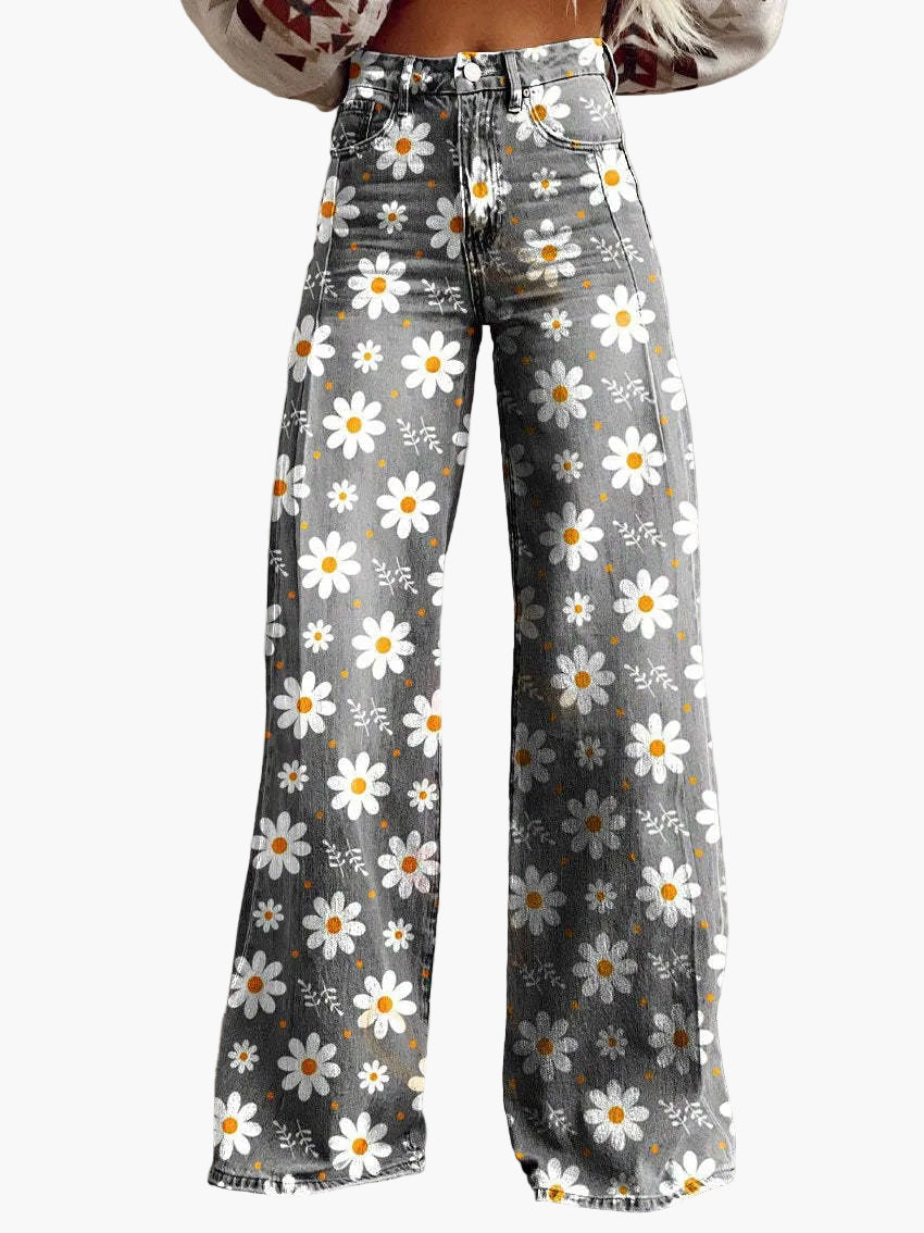 Jeans baggy larghi da donna con motivo floreale – Pantaloni casual alla moda per estate e tutti i giorni