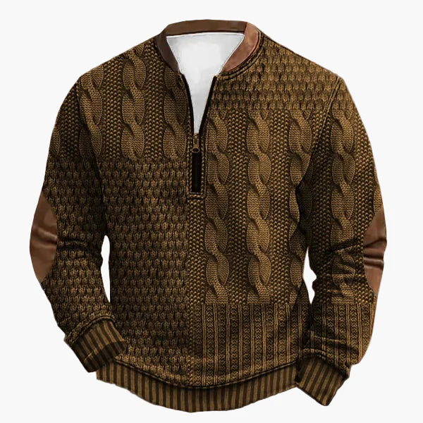 Herre striktrøje med halv lynlås – Moderigtig fritidstrøje i patchwork-look