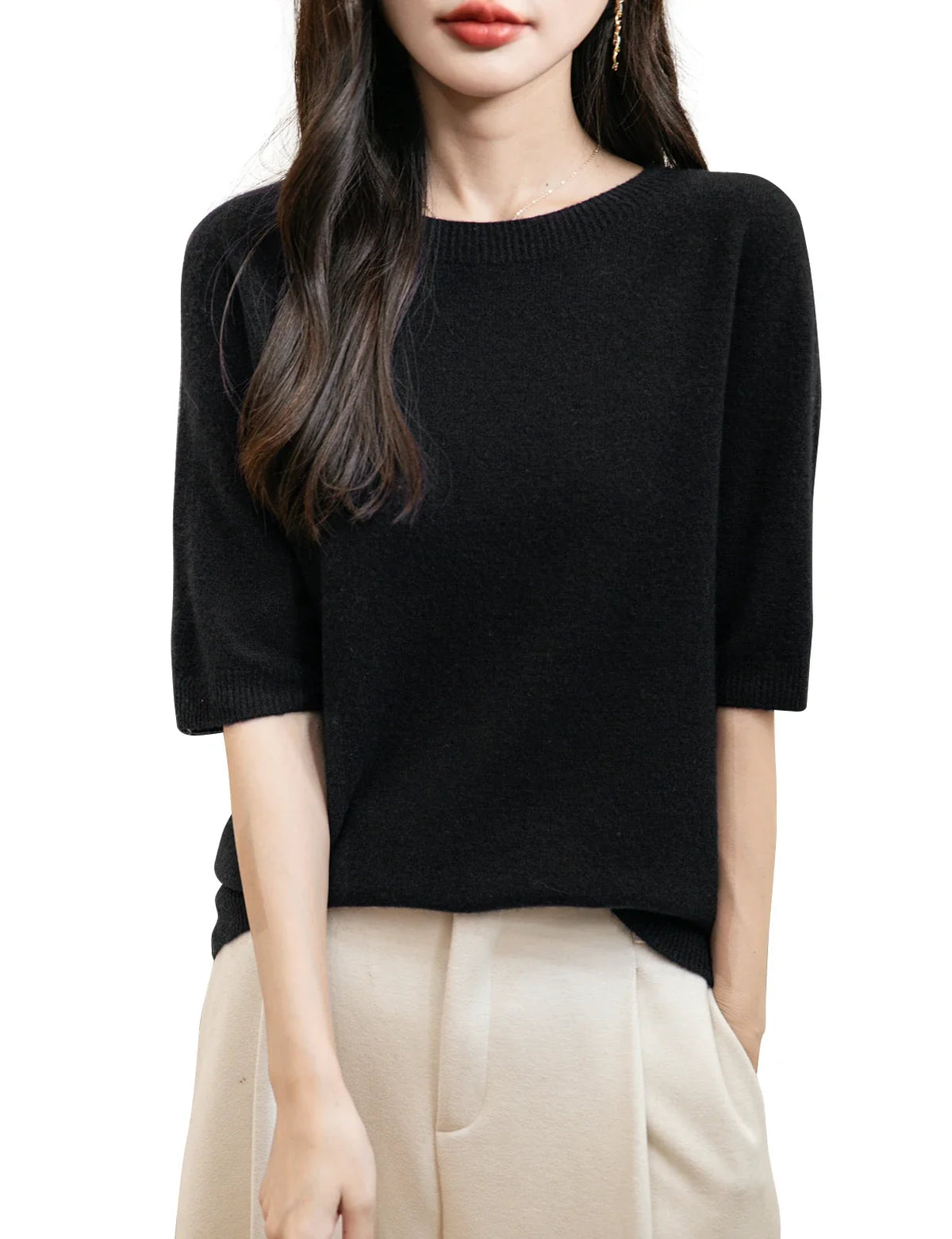 Pullover da donna a maniche corte in maglia con scollo rotondo, in vari colori