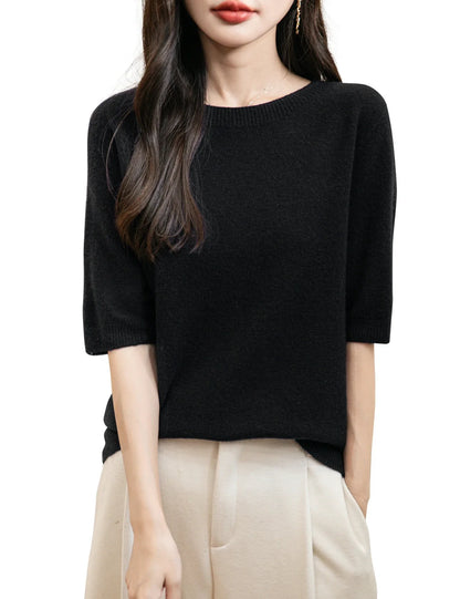 Pullover da donna a maniche corte in maglia con scollo rotondo, in vari colori