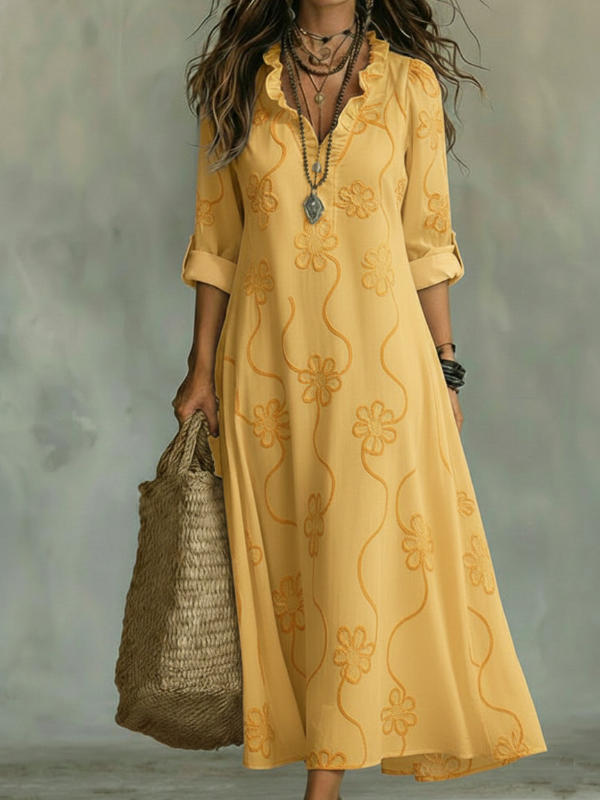 Lilou | Maxi-jurk met bloemenprint, V-hals en ruches voor dames