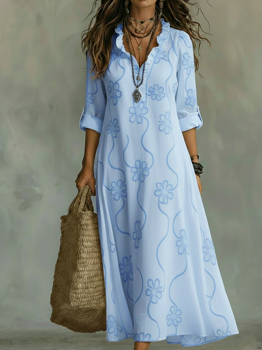Lilou | Maxi-jurk met bloemenprint, V-hals en ruches voor dames