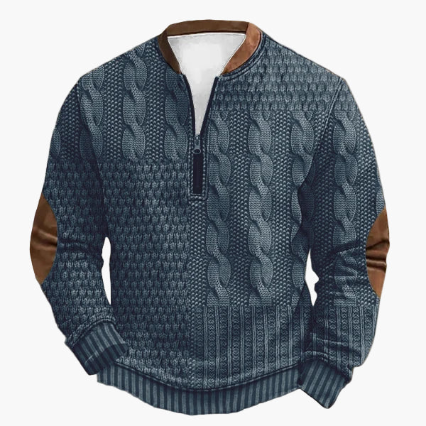 Herre striktrøje med halv lynlås – Moderigtig fritidstrøje i patchwork-look