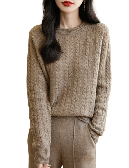 Maglione da donna con motivo a trecce, collo rotondo, maniche lunghe, lavorato a maglia