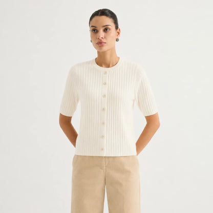 Gerippte Kurzarm Strickjacke für Damen mit Rundhals und Knopfleiste