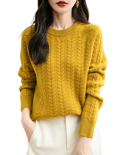 Maglione da donna con motivo a trecce, collo rotondo, maniche lunghe, lavorato a maglia