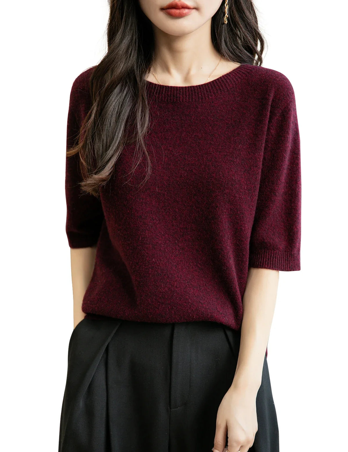Pullover da donna a maniche corte in maglia con scollo rotondo, in vari colori