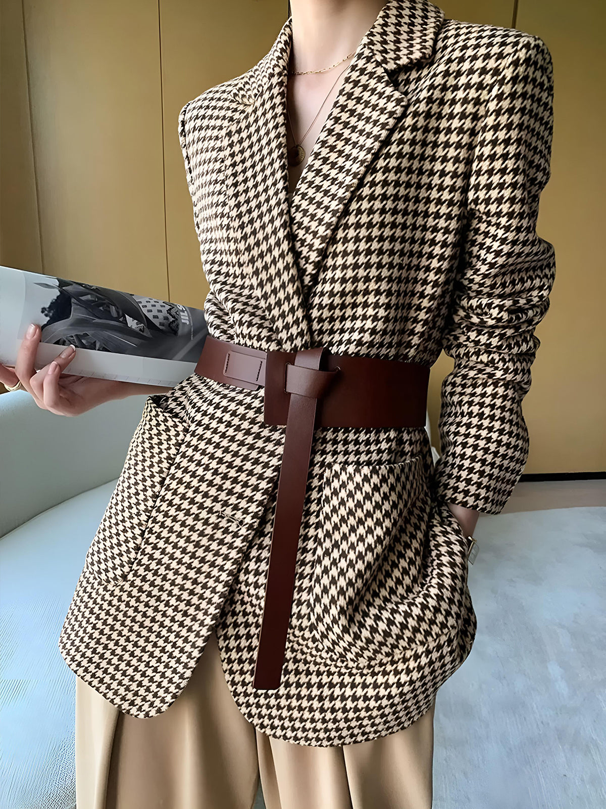 Pied-de-poule blazer voor dames met riem, knopen en zakken