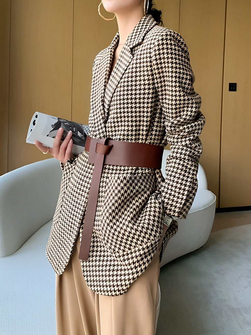 Pied-de-poule blazer voor dames met riem, knopen en zakken