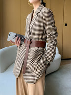 Pied-de-poule blazer voor dames met riem, knopen en zakken