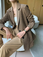 Pied-de-poule blazer voor dames met riem, knopen en zakken