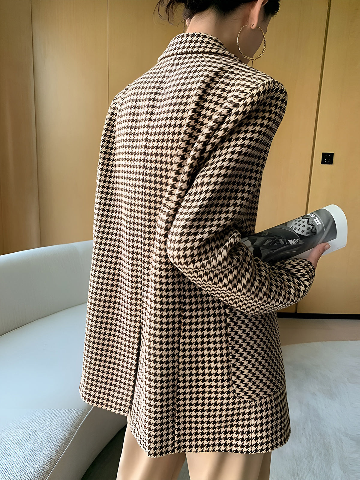 Pied-de-poule blazer voor dames met riem, knopen en zakken