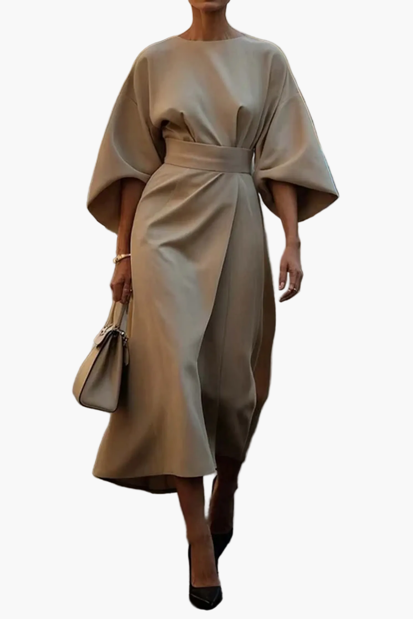Damen Midi-Kleid mit Gürtel und eleganten Laternenärmeln – Stilvolles Business- & Anlasskleid