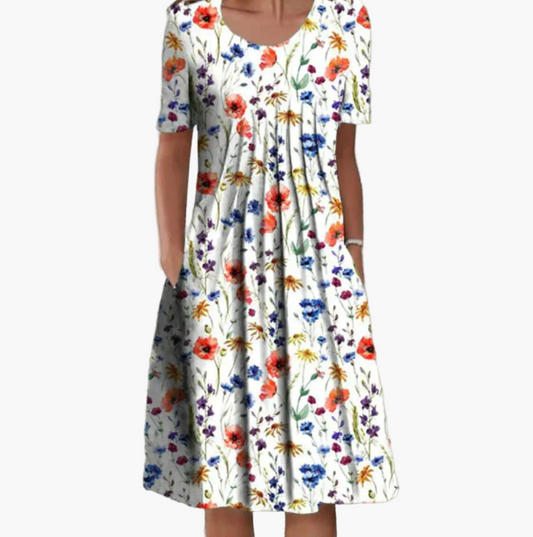 Dames zomerjurk met bloemenprint – Losse vrijetijdsjurk met zakken, midi-lengte, vrouwelijke stijl