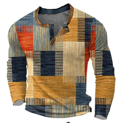 Camiseta henley patchwork de hombre de manga larga – Suéter casual de moda para otoño e invierno