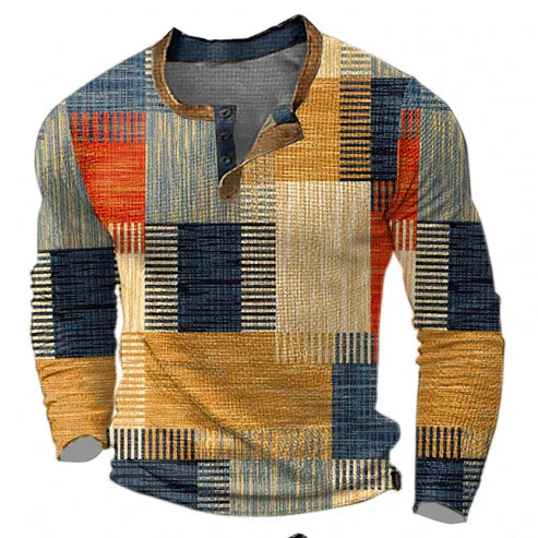 Camiseta henley patchwork de hombre de manga larga – Suéter casual de moda para otoño e invierno
