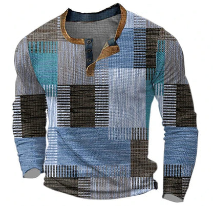 Camiseta henley patchwork de hombre de manga larga – Suéter casual de moda para otoño e invierno