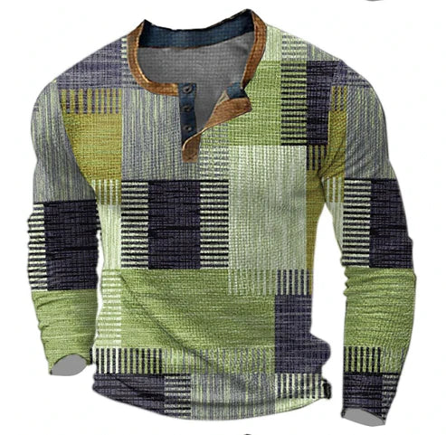 Camiseta henley patchwork de hombre de manga larga – Suéter casual de moda para otoño e invierno