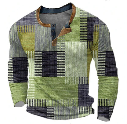 Camiseta henley patchwork de hombre de manga larga – Suéter casual de moda para otoño e invierno