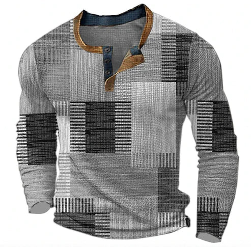 Camiseta henley patchwork de hombre de manga larga – Suéter casual de moda para otoño e invierno
