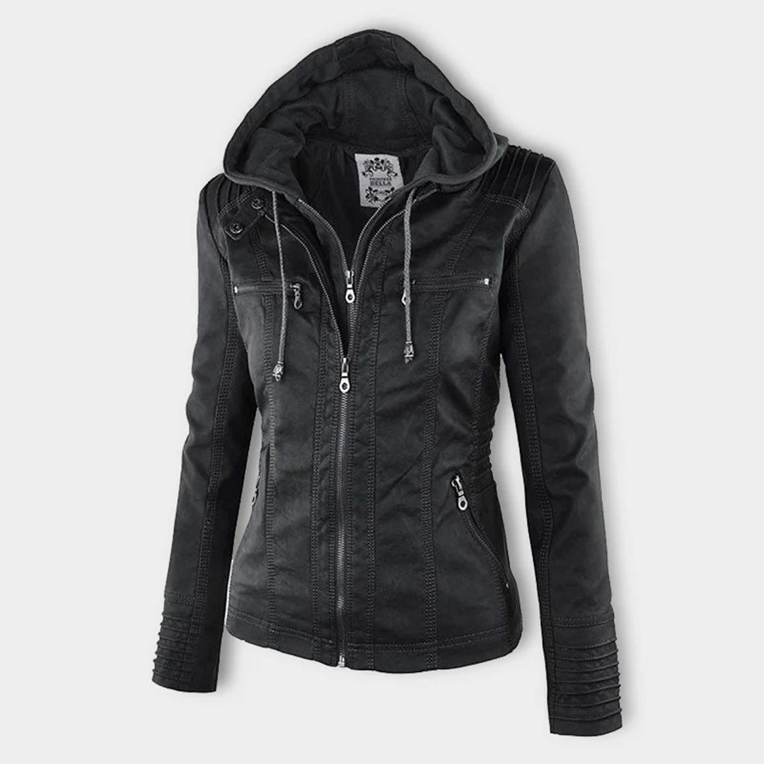 Giacca autunnale da donna con cappuccio – Giacca in pelle vegana alla moda per tutti i giorni e tempo libero