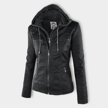 Giacca autunnale da donna con cappuccio – Giacca in pelle vegana alla moda per tutti i giorni e tempo libero