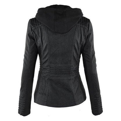 Giacca autunnale da donna con cappuccio – Giacca in pelle vegana alla moda per tutti i giorni e tempo libero